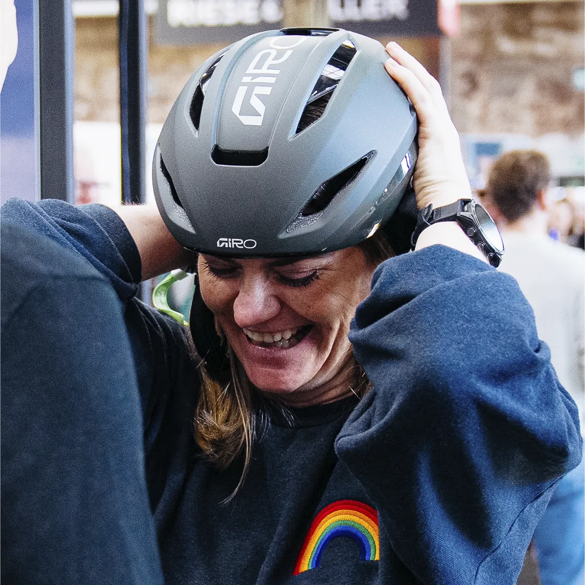 Close-up of a Giro helmet before the prize reveal
